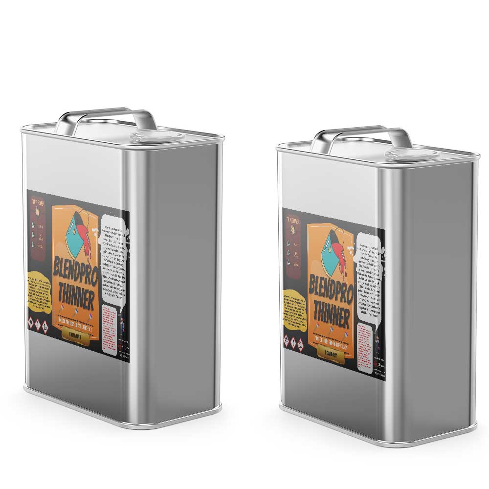 2-quart steel containers of Blendpro professional paint thinner in industrial-grade canisters with hazard warning symbols and secure carry handles.